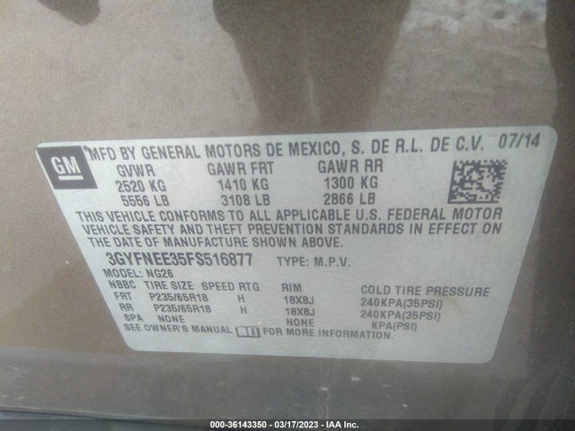 3GYFNEE35FS516877 Cadillac Srx Luxury Collection