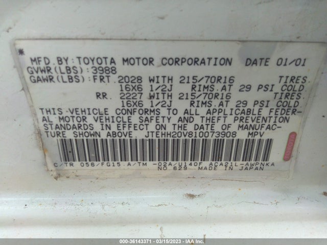 2001 TOYOTA RAV4 VIN: JTEHH20V810073908