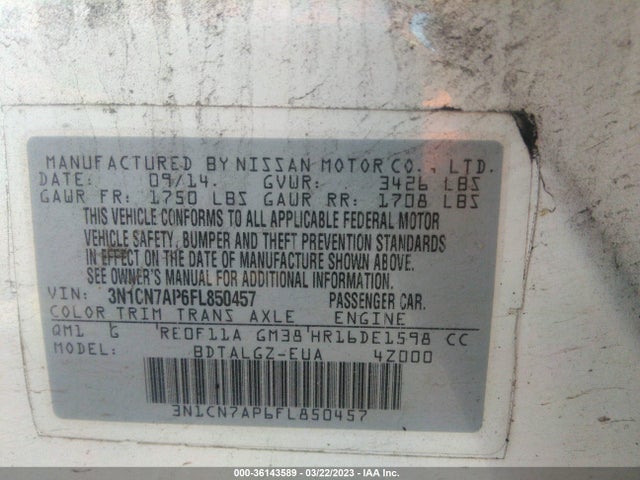 Nissan Versa Sl 2015 3N1CN7AP6FL850457 Image 10