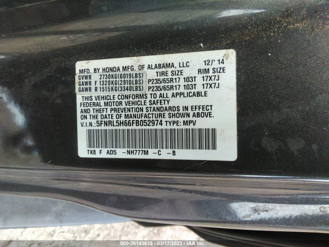 Honda Odyssey Ex-l 2015 5FNRL5H66FB052974 Image 9