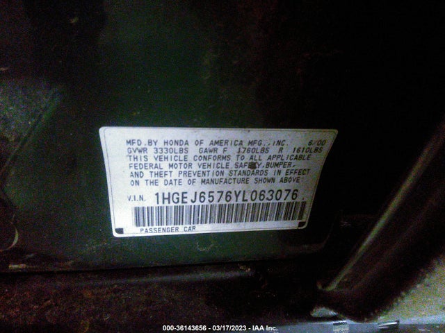 2000 HONDA CIVIC LX VIN: 1HGEJ6576YL063076
