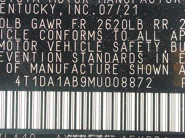2021 TOYOTA AVALON HYBRID LIMITED VIN: 4T1DA1AB9MU008872