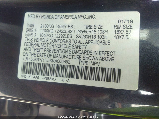 Honda CR-V EX 2019 5J6RW1H5XKA006892 Image 10
