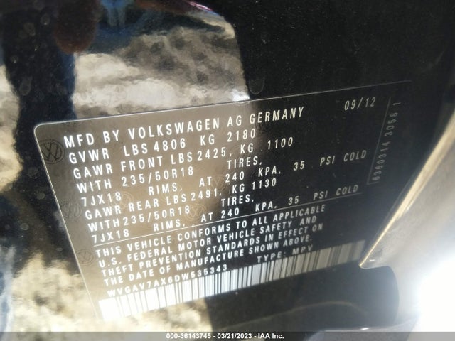 2013 VOLKSWAGEN TIGUAN SE W/SUNROOF & NAV VIN: WVGAV7AX6DW535343