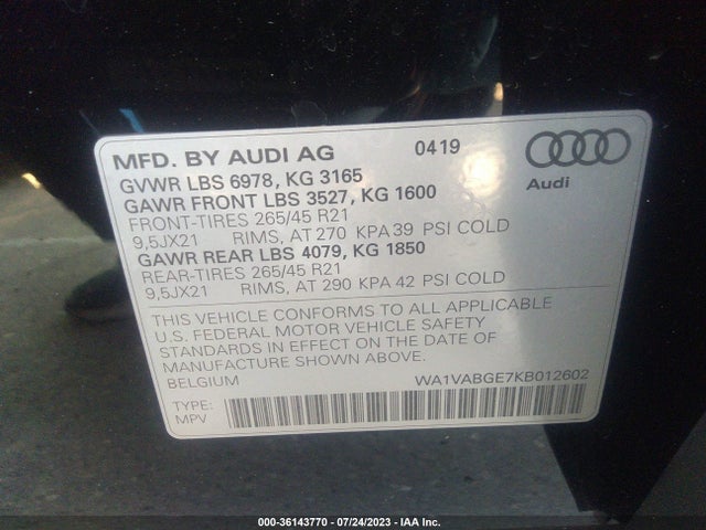 2019 Audi e-tron, VIN: WA1VABGE7KB012602