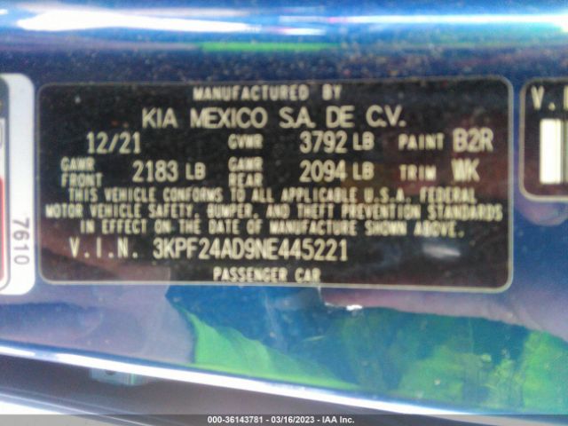 3KPF24AD9NE445221 KIA Forte Lxs