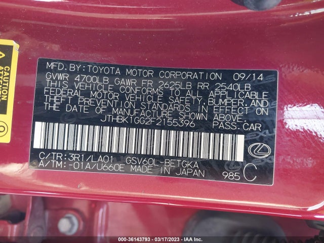 JTHBK1GG2F2155396 Lexus ES 350