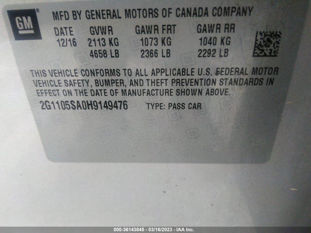 2017 CHEVROLET IMPALA LT VIN: 2G1105SA0H9149476