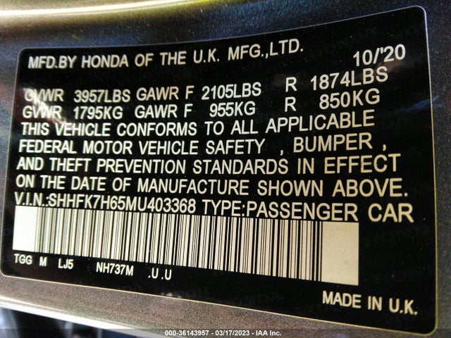 2021 HONDA CIVIC HATCHBACK EX VIN: SHHFK7H65MU403368