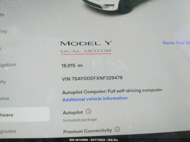 2022 TESLA MODEL Y PERFORMANCE VIN: 7SAYGDEFXNF329478