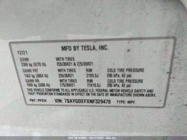 2022 TESLA MODEL Y PERFORMANCE VIN: 7SAYGDEFXNF329478