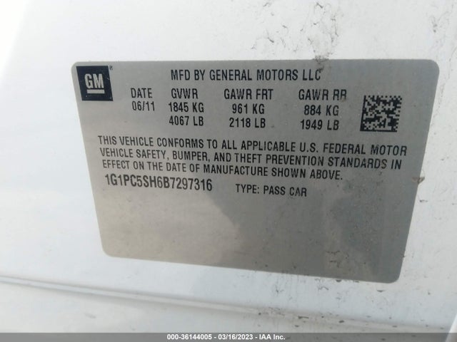 2011 CHEVROLET CRUZE LS VIN: 1G1PC5SH6B7297316