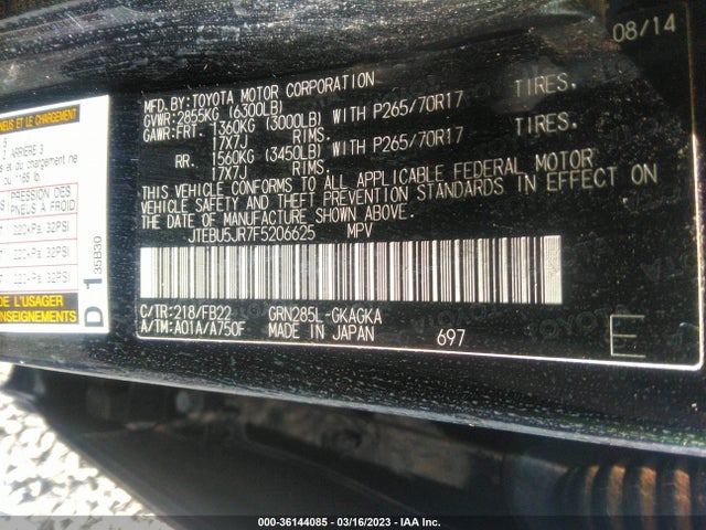 2015 TOYOTA 4RUNNER LIMITED/TRAIL/SR5 VIN: JTEBU5JR7F5206625