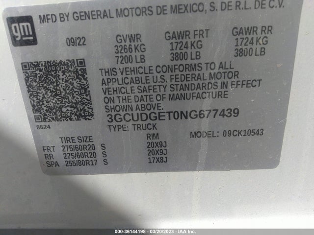 2022 CHEVROLET SILVERADO 1500 LTZ VIN: 3GCUDGET0NG677439