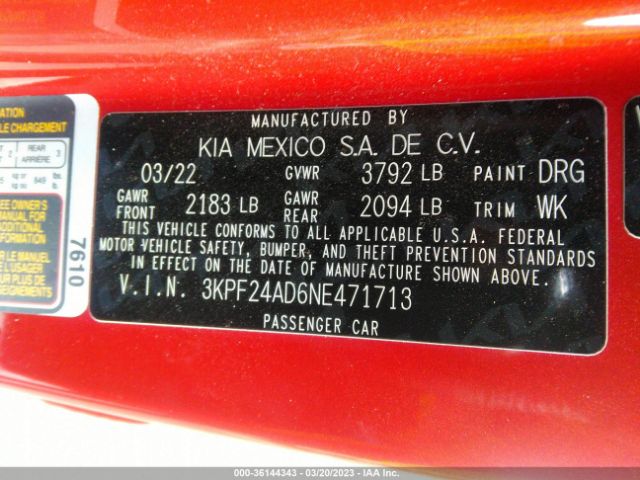 3KPF24AD6NE471713 KIA Forte Lxs