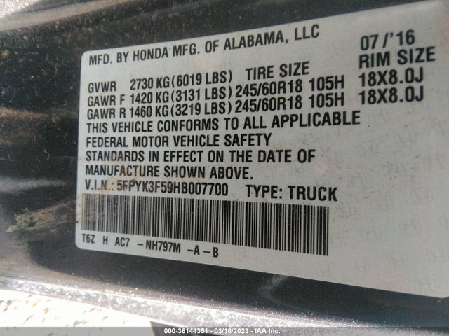 Honda Ridgeline Rtl 2017 5FPYK3F59HB007700 Image 10