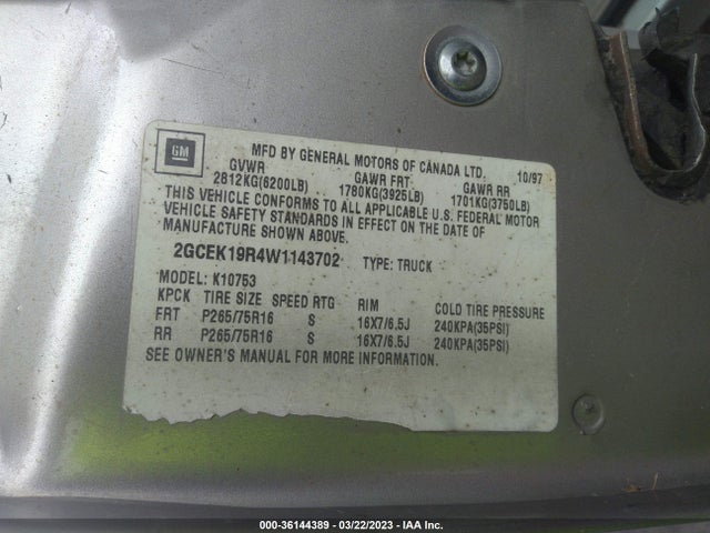 1998 CHEVROLET C/K 1500 VIN: 2GCEK19R4W1143702