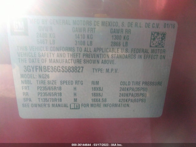 3GYFNBE36GS583827 Cadillac Srx Luxury Collection