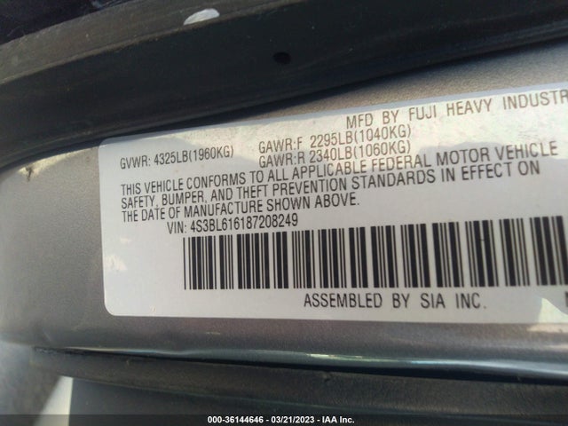 2008 SUBARU LEGACY VIN: 4S3BL616187208249