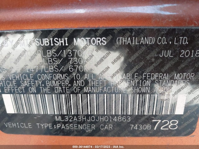 ML32A3HJ0JH014863 Mitsubishi MIRAGE ES