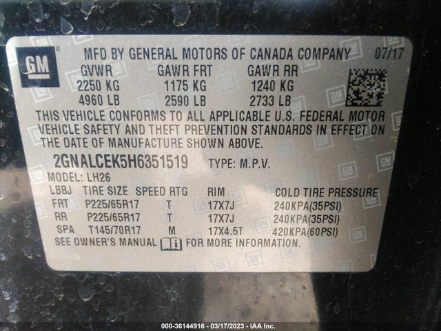 Chevrolet EQUINOX LT 2017 2GNALCEK5H6351519 Image 9