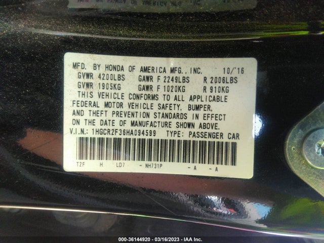 2017 HONDA ACCORD SEDAN LX VIN: 1HGCR2F36HA094599