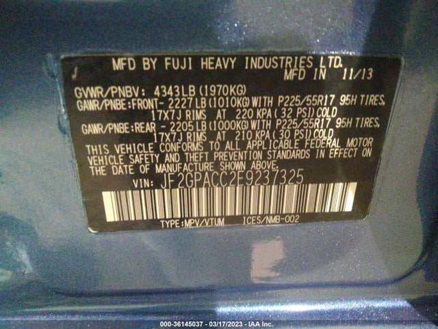 2014 SUBARU XV CROSSTREK PREMIUM VIN: JF2GPACC2E9237325