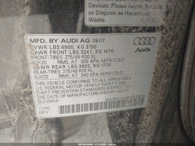 2008 AUDI Q7 WA1BV74L58D016605 Photo 8