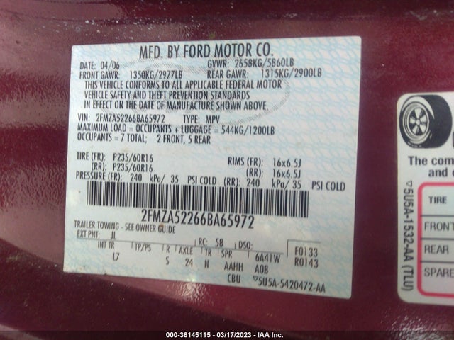 2006 FORD FREESTAR WAGON SEL VIN: 2FMZA52266BA65972