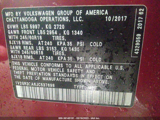 Volkswagen Atlas 3.6l V6 S 2018 1V2GR2CA6JC537698 Image 10