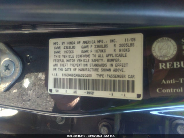2006 HONDA ACCORD SDN EX-L V6 VIN: 1HGCM665X6A020400