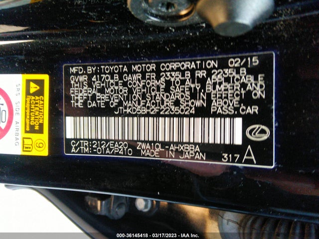 JTHKD5BH2F2235024 Lexus Ct 200h Hybrid