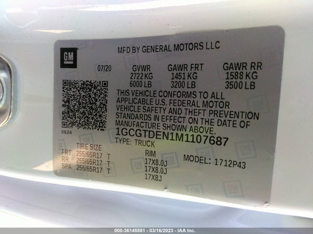 2021 CHEVROLET COLORADO 4WD Z71 VIN: 1GCGTDEN1M1107687