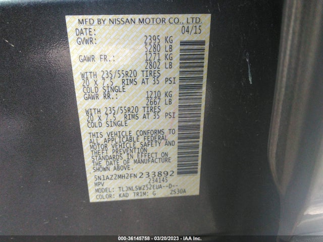 Nissan Murano Platinum 2015 5N1AZ2MH2FN233892 Image 11