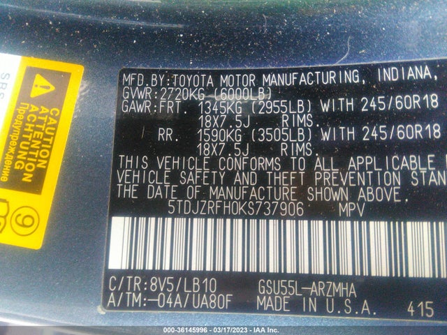 Toyota Highlander Se/xle 2019 5TDJZRFH0KS737906 Image 9