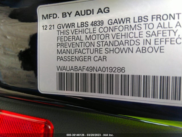 WAUABAF49NA019286 Audi A4 Sedan Premium