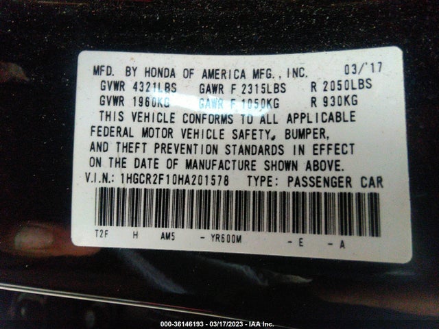 2017 Honda Accord, VIN: 1HGCR2F10HA201578