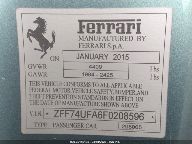 2015 Ferrari F12, VIN: ZFF74UFA6F0208596