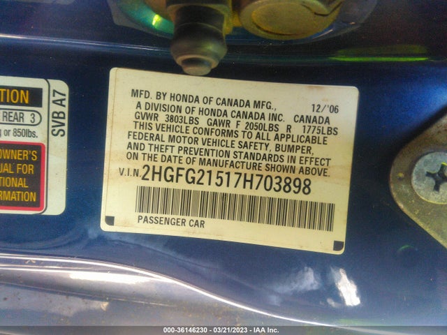 2007 HONDA CIVIC SI VIN: 2HGFG21517H703898