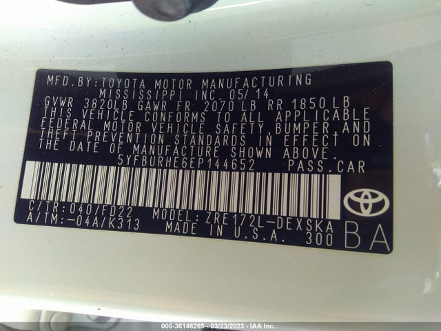 2014 TOYOTA COROLLA L/LE/S/S PLUS/LE PLUS VIN: 5YFBURHE6EP144652