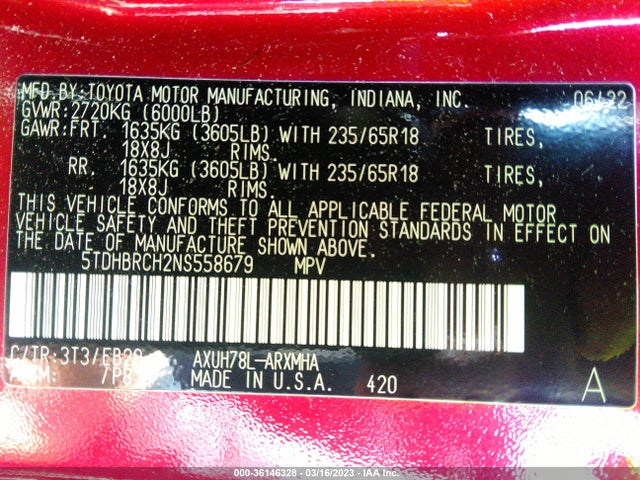 2022 Toyota Highlander, VIN: 5TDHBRCH2NS558679