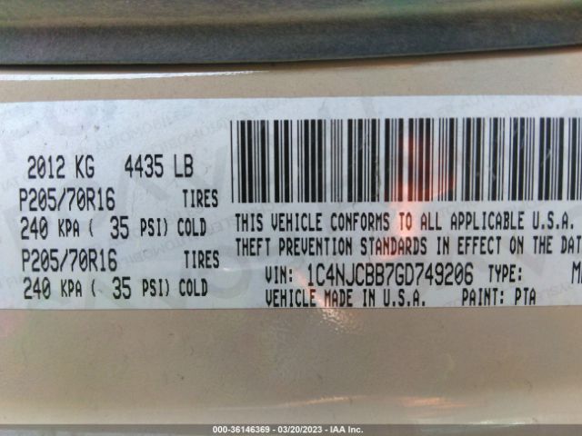 1C4NJCBB7GD749206 Jeep Compass Sport