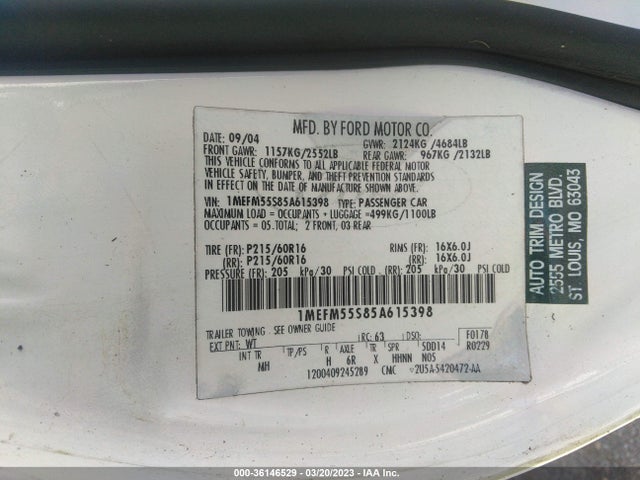 2005 MERCURY SABLE LS VIN: 1MEFM55S85A615398