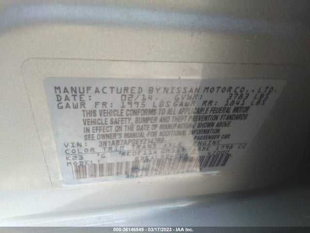 2014 NISSAN SENTRA S/FE+ S/SV/FE+ SV/SR/SL VIN: 3N1AB7AP0EY214389