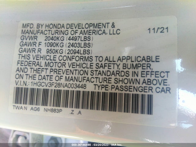 2022 Honda Accord, VIN: 1HGCV3F28NA003448