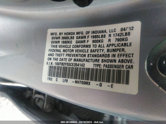 2012 HONDA CIVIC SDN LX VIN: 19XFB2F55CE354143