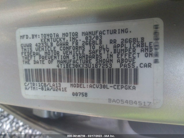 2003 TOYOTA CAMRY XLE VIN: 4T1BE30KX3U187253