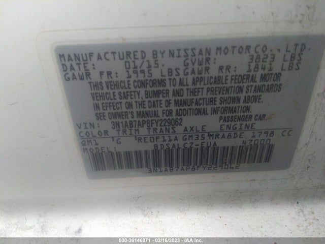 2015 NISSAN SENTRA S VIN: 3N1AB7AP8FY229062