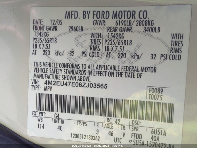 2006 MERCURY MOUNTAINEER LUXURY VIN: 4M2EU47E06ZJ03565