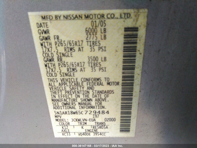 2005 NISSAN PATHFINDER LE VIN: 5N1AR18W65C729484